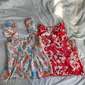 LOFT Red Floral Sleeveless Tank Blouse & Multi Floral Smocked Flutter Sleeve Top